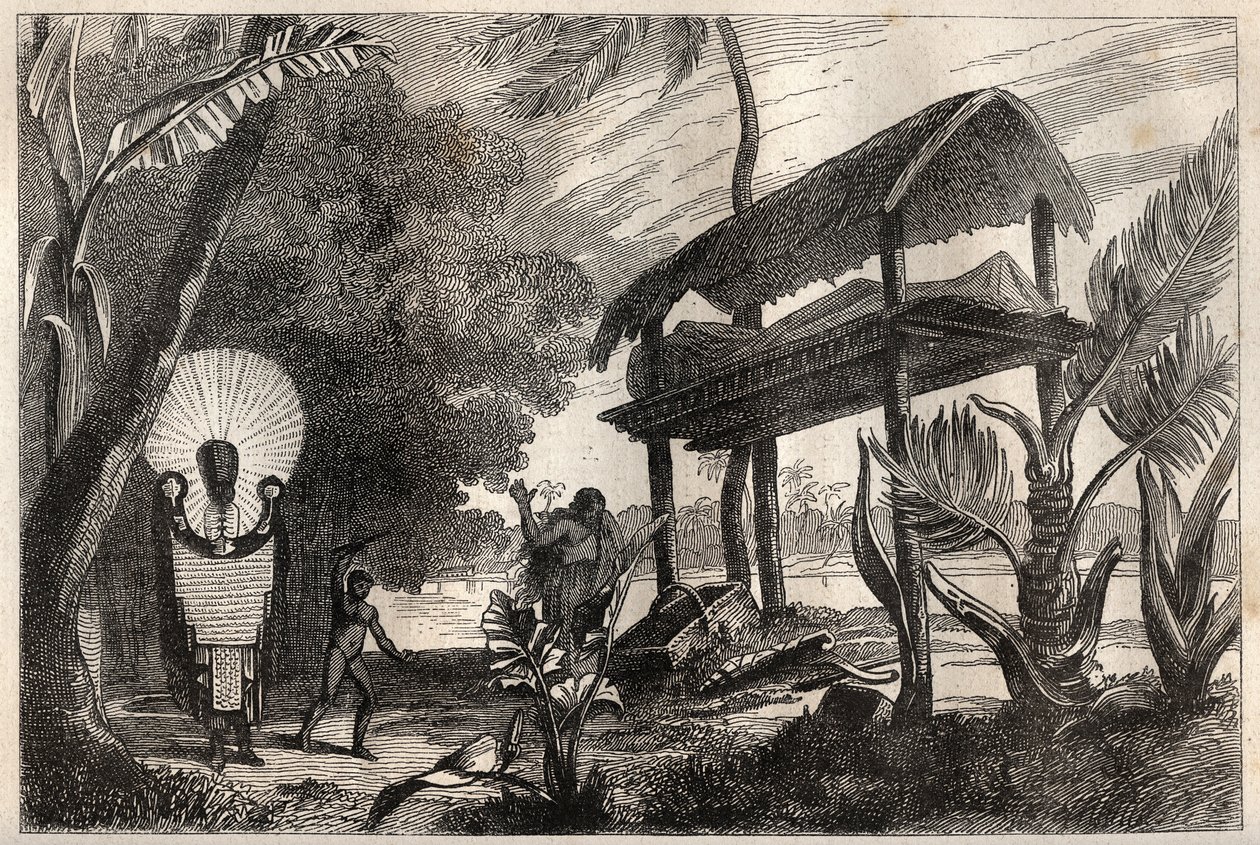 Primeira viagem (1768-1771) do Capitão James Cook (1728-1779): um fia-toka (fia toka), edifício funerário do Tahiti - ilustração tirada de "Os Grandes Marinheiros do século XVIII". de Unknown artist