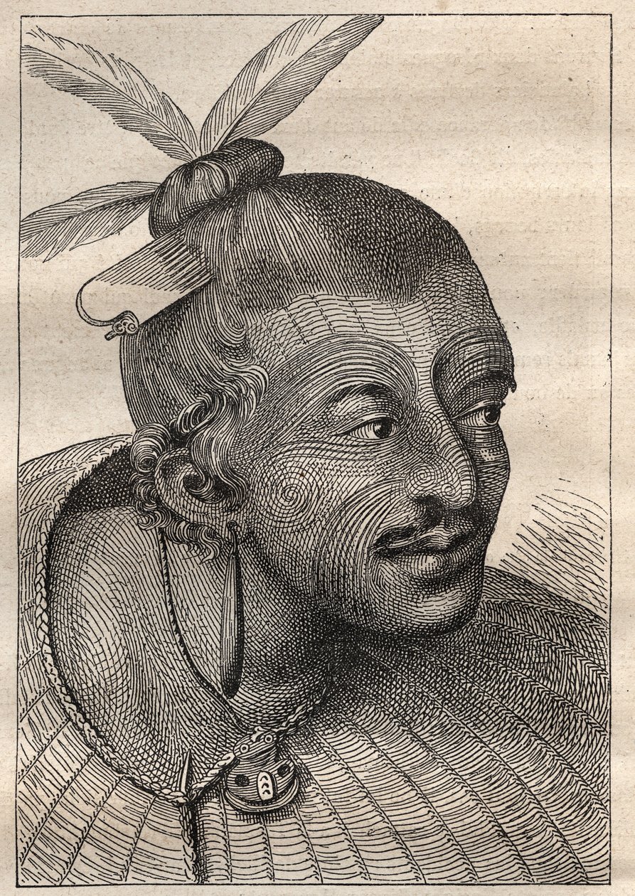 Primeira viagem (1768-1771) do Capitão James Cook (1728-1779): cabeça tatuada de um Neo-Zelandês (Neo Zelandais) - ilustração tirada de "Os Grandes Marinheiros do Século XVIII". de Unknown artist