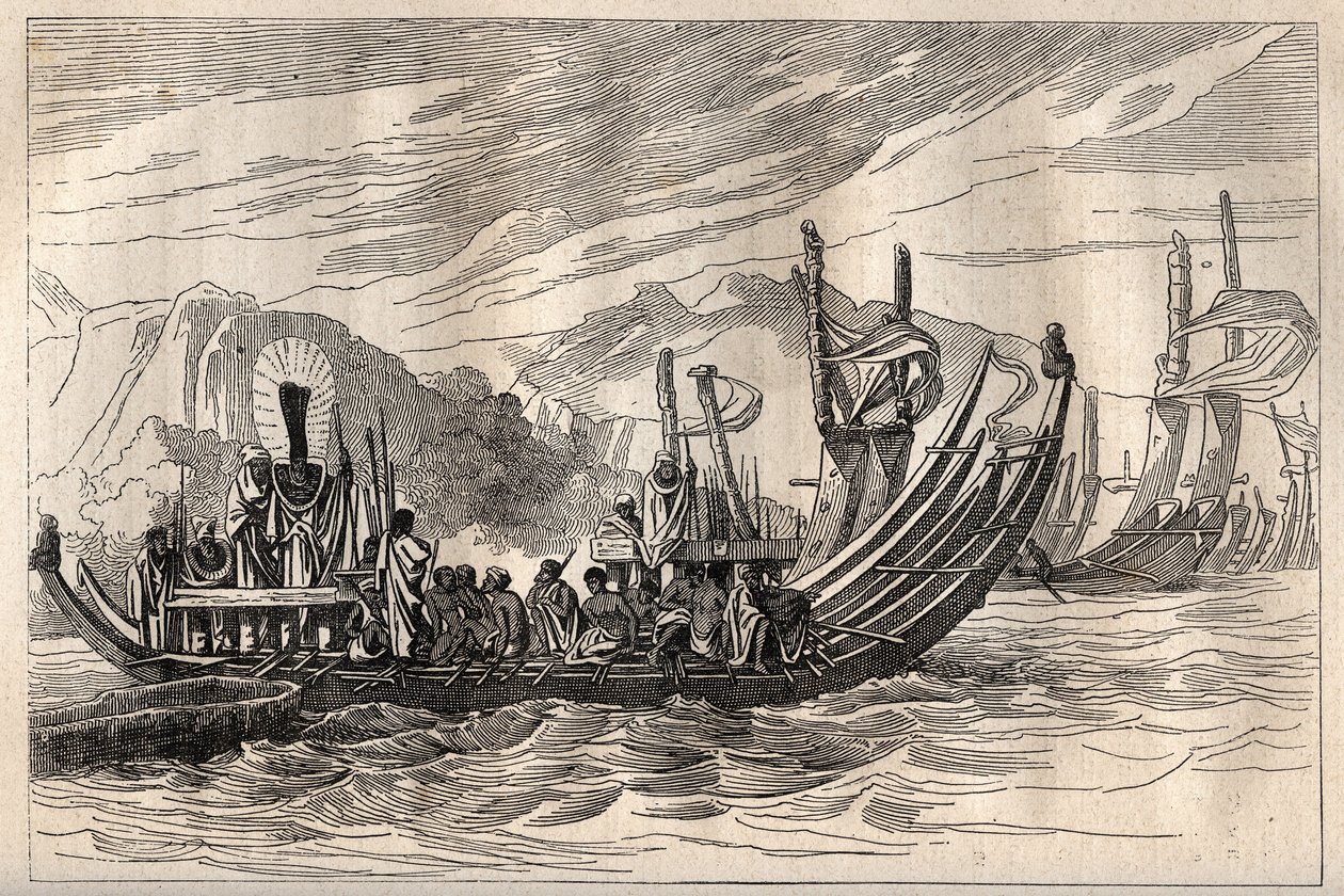 Primeira viagem (1768-1771) do Capitão James Cook (1728-1779): a frota do Tahiti reunida em Oparee - ilustração tirada de "Os Grandes Marinheiros do século XVIII". de Unknown artist