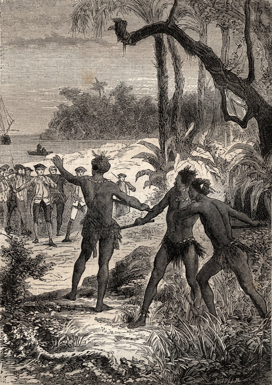 Primeira viagem (1768-1771) do Capitão James Cook (1728-1779): enquanto Cook e dez marinheiros navegam na costa meridional da Nova Guiné, três índios levantam-se do bosque com grandes gritos - ilustração retirada de "Os Grandes Marinheiros do século XVIII" de Unknown artist