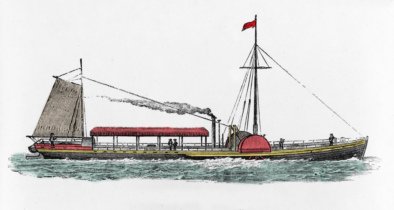 Primeira viagem do barco a vapor "Clermont" de Robert Fulton (1765-1815), engenheiro americano no rio Hudson, EUA de Unknown artist