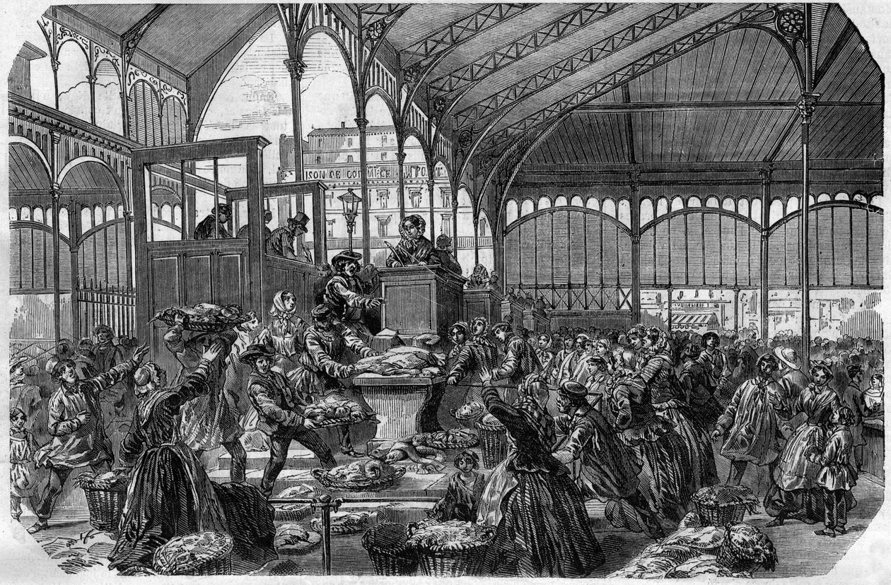 Mercado do Peixe - Mercado Atacadista de Peixe em Paris em 1870 de Unknown artist