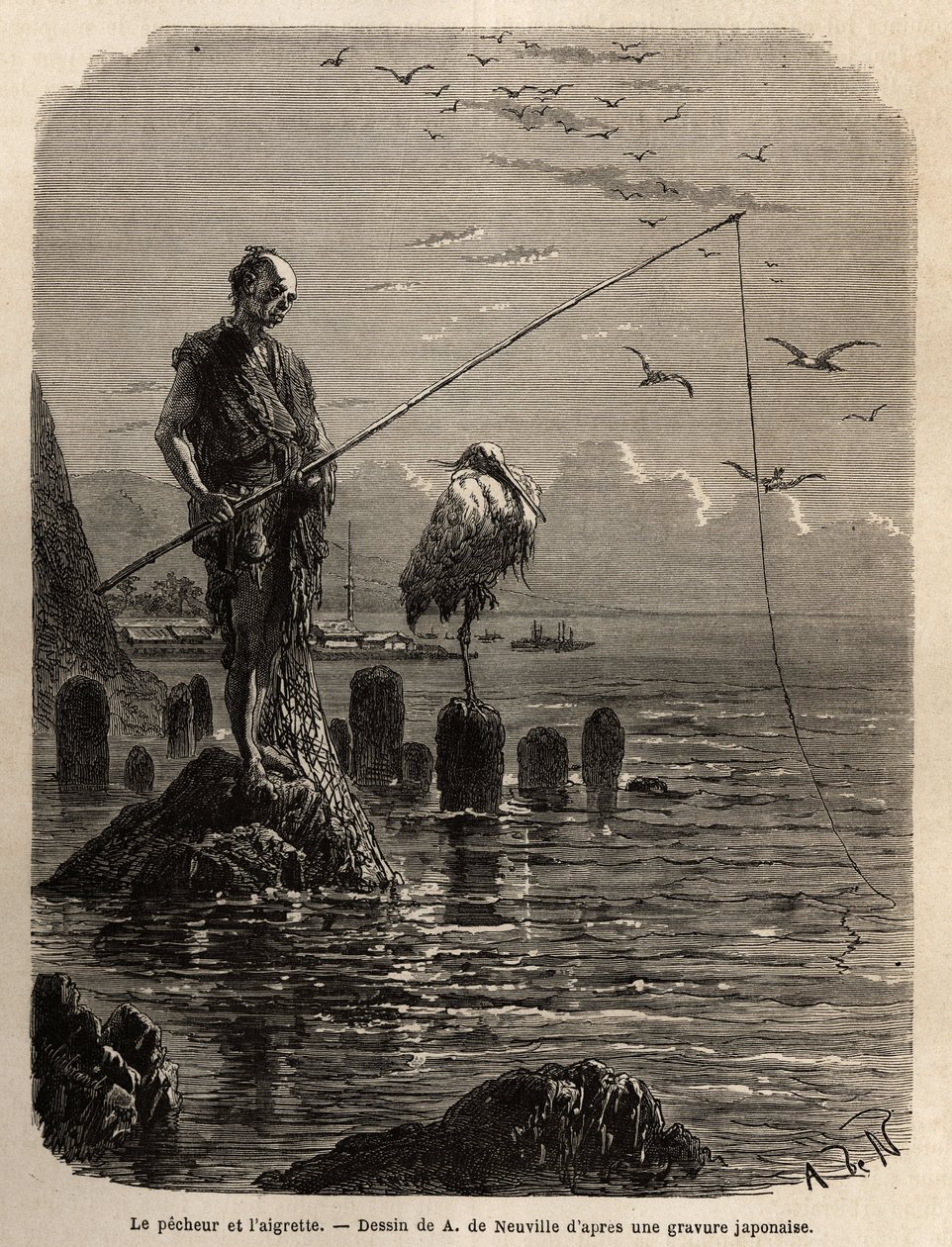 Pescador da Baía de Yedo (ou Edo, actual Tóquio), agarrado por uma águia, uma águia baixa, os barcos colocam os pescadores sobre blocos de pedra colocados a seco na baía, estes últimos permanecem direitos, imóveis e pescam com o hamecon do peixe que desliz de Unknown artist