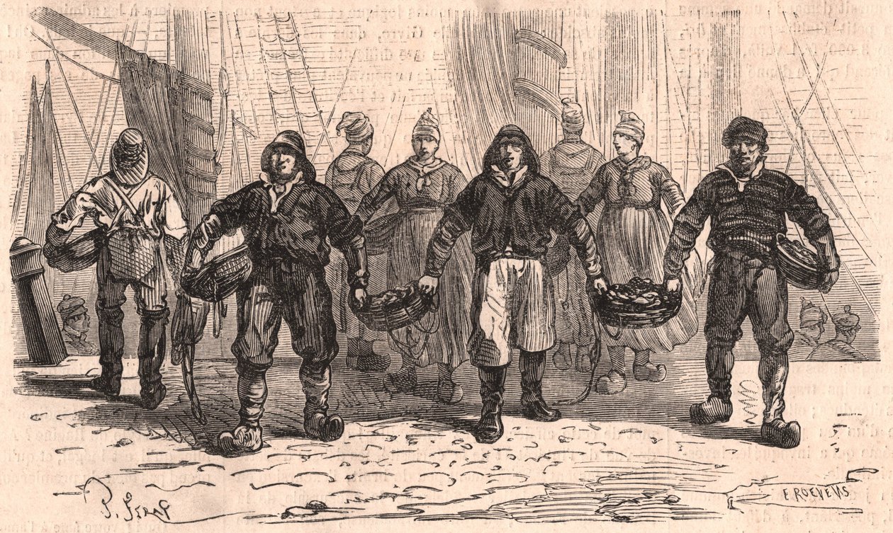 Pescadores, com, cestas, cheio, de, peixe, ligado, a, quay, de, a, porto, de, trouville, frança de Unknown