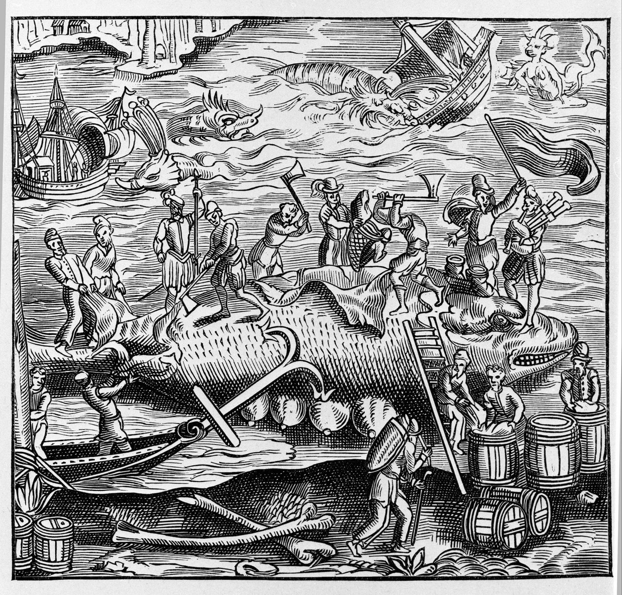 Pesca e caça à baleia, baseada numa gravura em madeira da "Cosmografia Universal" de Thevet. Paris 1575 de Unknown artist