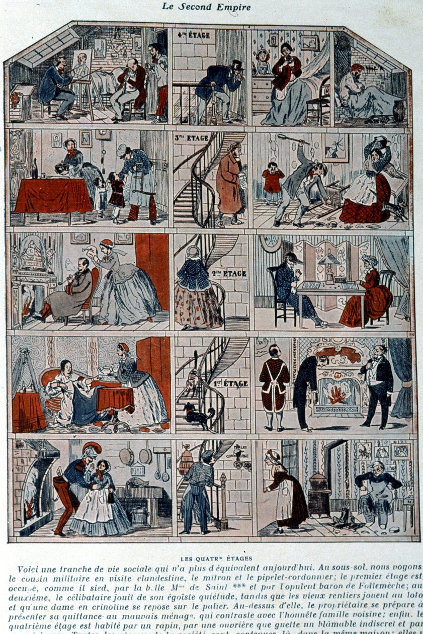 Cinco andares mostrando as diferentes classes sociais sob o segundo império. Ilustração representada como uma secção transversal de um edifício parisiense. de Unknown artist