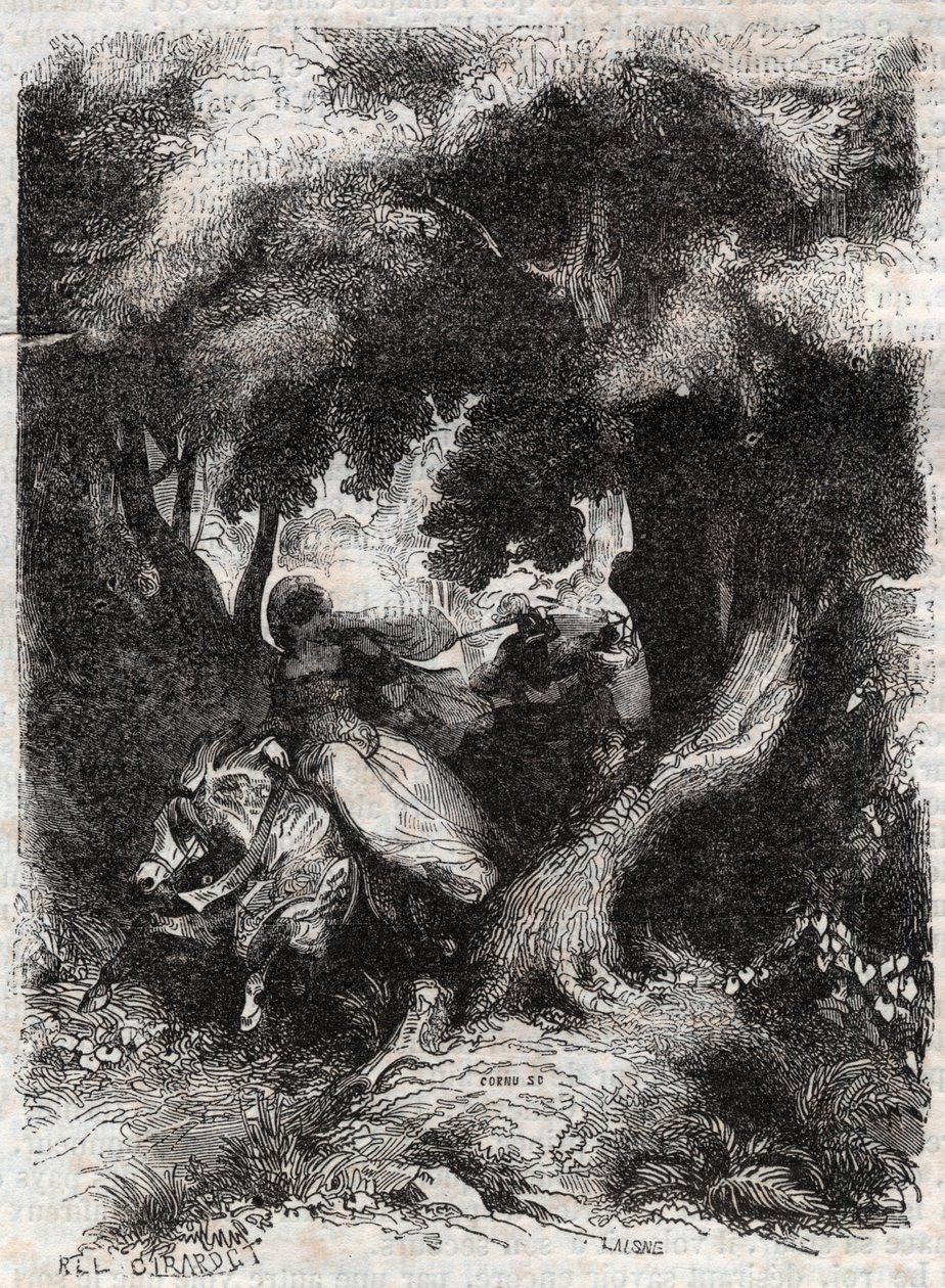 Vôo de Angélica (Angelica) durante a batalha - gravura de 1851 de "Furious Roland" (Orlando furioso) (século XVI) de Ludovico Ariosto, conhecido como Ariosta - Edição traduzida do italiano pelo Conde de Tressan e publicada por Gustave Harva de Unknown artist