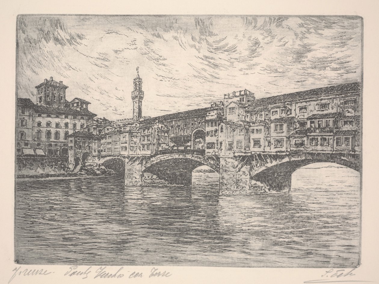 Florença, Ponte Vecchio com Torre, provavelmente final do século 19 (gravura) de Unknown artist