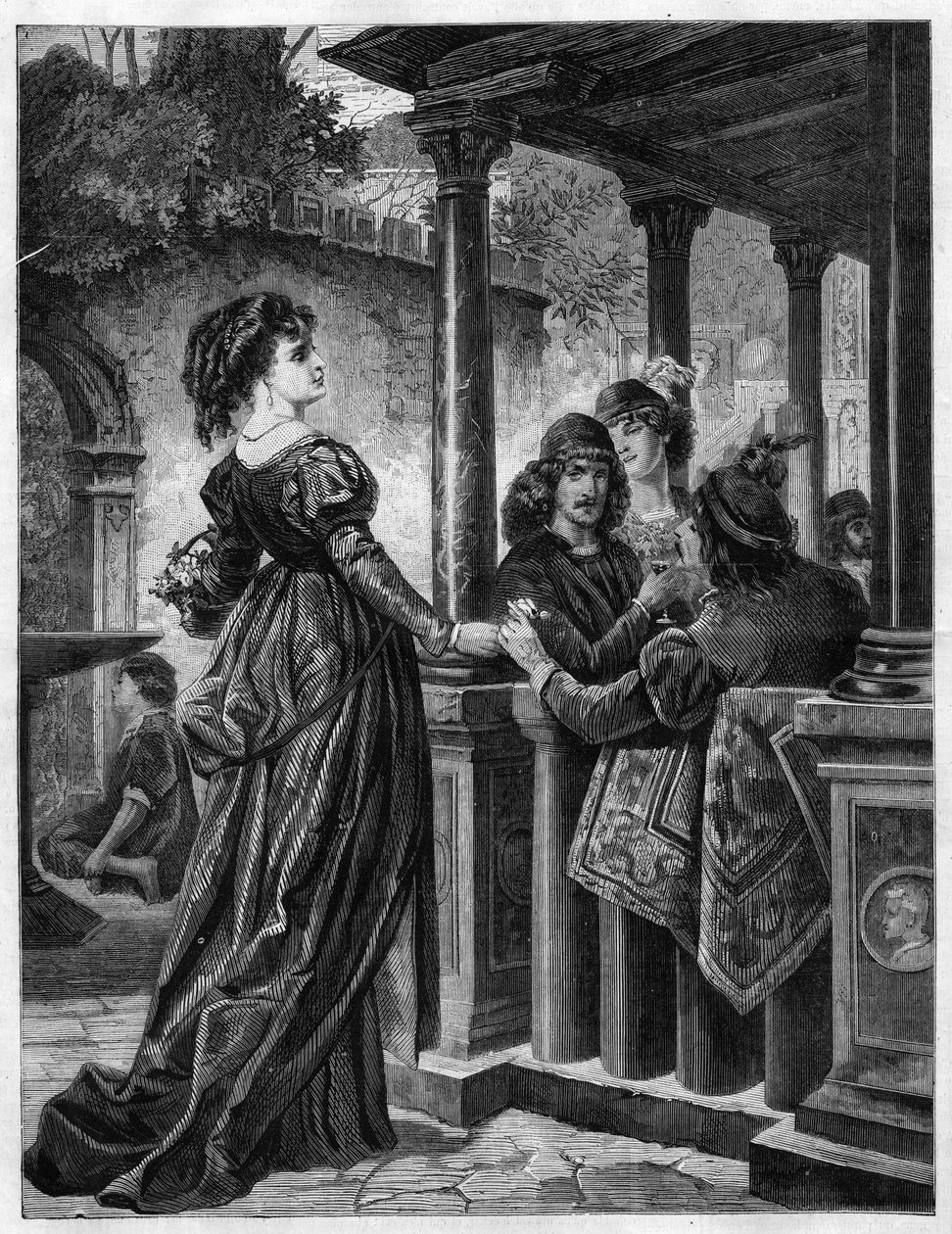 Comerciante de flores nas ruas de Florença, na Idade Média. Gravura em "O Universo Ilustre". de Unknown artist
