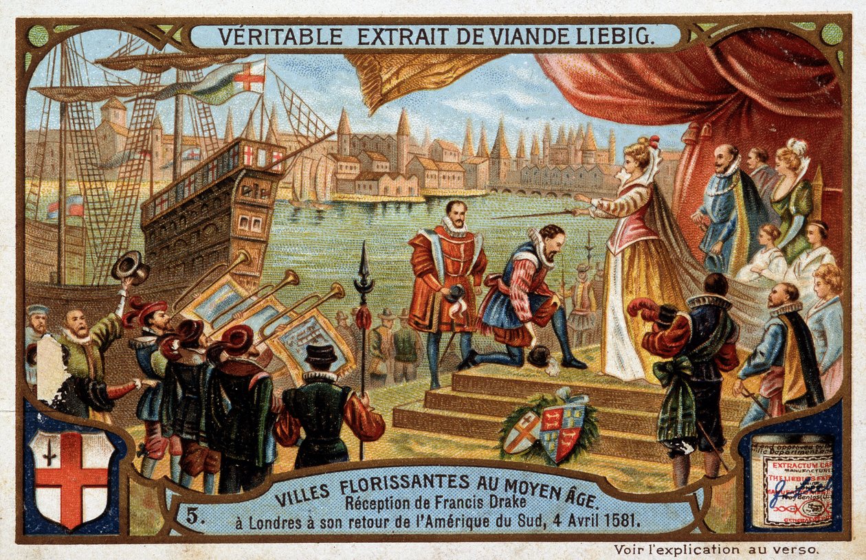 Cidades floridas da Idade Média: recepção de Francis Drake (1542-1596) em Londres (Inglaterra), no seu regresso da América do Sul, 4 de Abril de Unknown artist