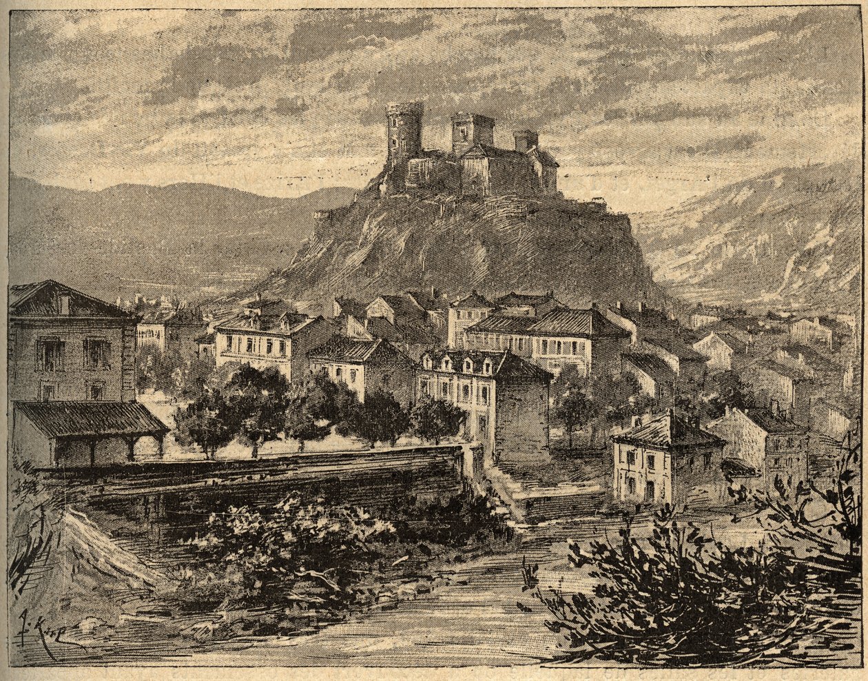 Foix - Ariege - Occitanie - gravura em "PATRIE" - DESCRIÇÃO PECTUREQUIREQUE DE LA FRANCE EN 6 VOLUES BY LUCIEN HUARD - final do século XIX de Unknown artist