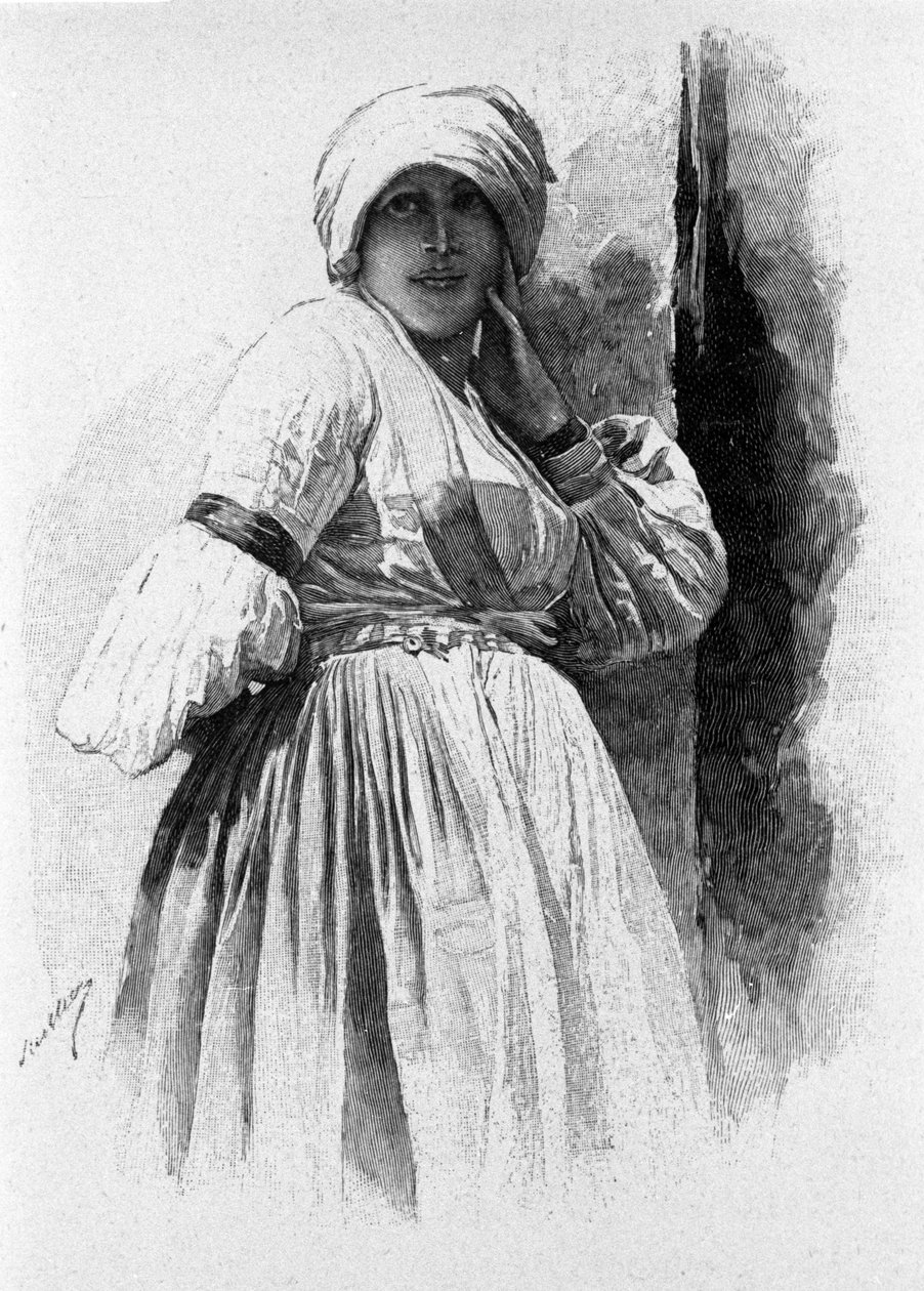 Folclore: mulher em traje tradicional de Piana degli Albanesi. Gravura Siciliana do século XIX de Unknown artist