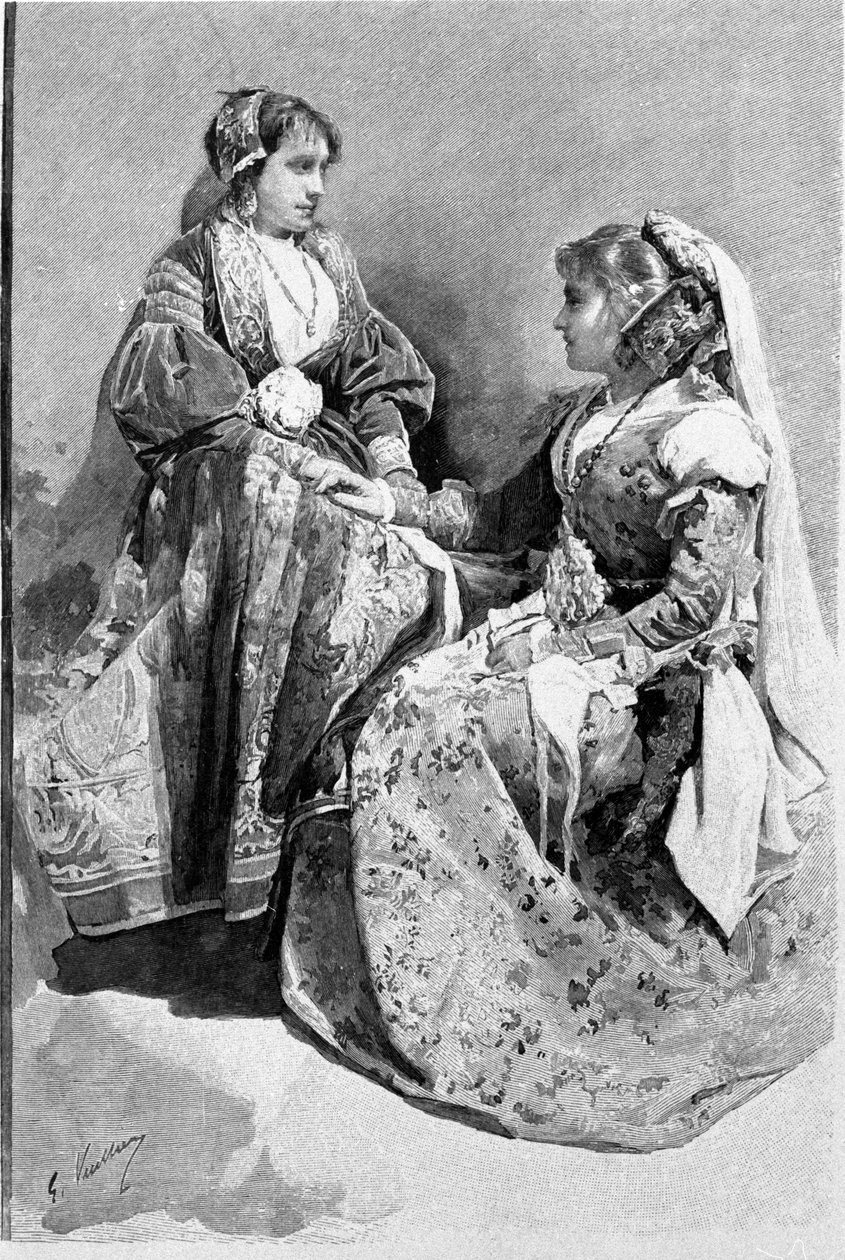 Folclore: mulheres vestidas com trajes de noiva tradicionais, Sicília. Gravura do século XIX. de Unknown artist