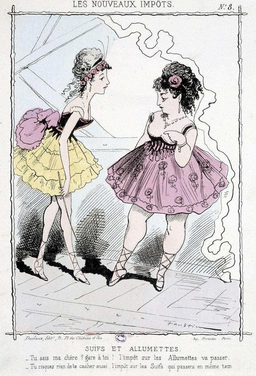 Acompanhamentos e jogos: "Sabes, querida, tem cuidado, a taxa de fósforos vai passar! Você não vai esconder também, o imposto sobre os acompanhamentos que vão passar ao mesmo tempo!" - caricatura sobre os "novos impostos" de Unknown artist