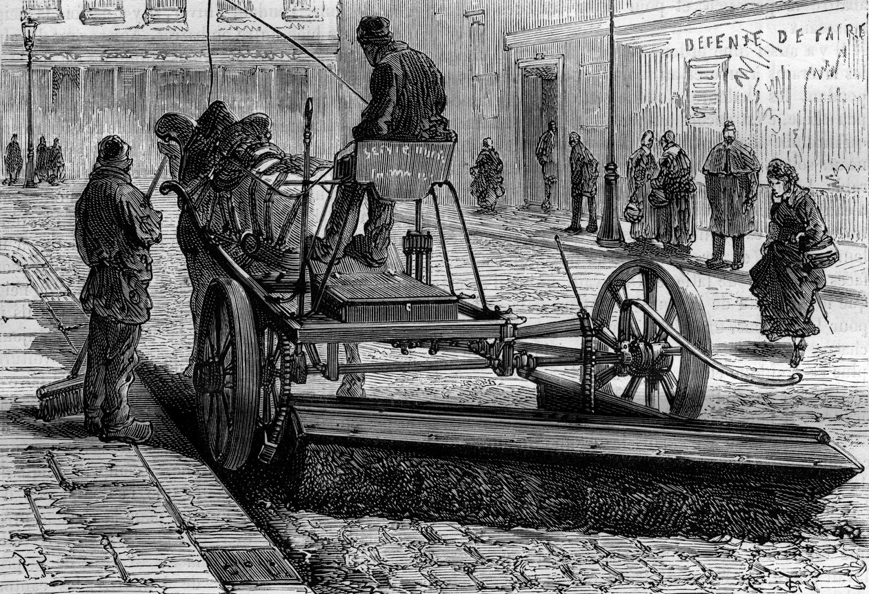 Ex-metier de Paris: a máquina para varrer as ruas de Paris. Gravura em "La Nature". de Unknown artist