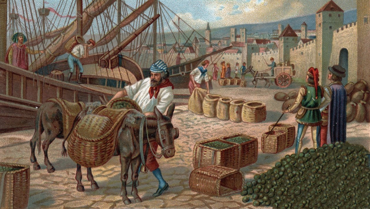 Antigos centros comerciais: transporte de figos para Marselha, na Idade Média. Cromolitografia do final do século XIX de Unknown artist