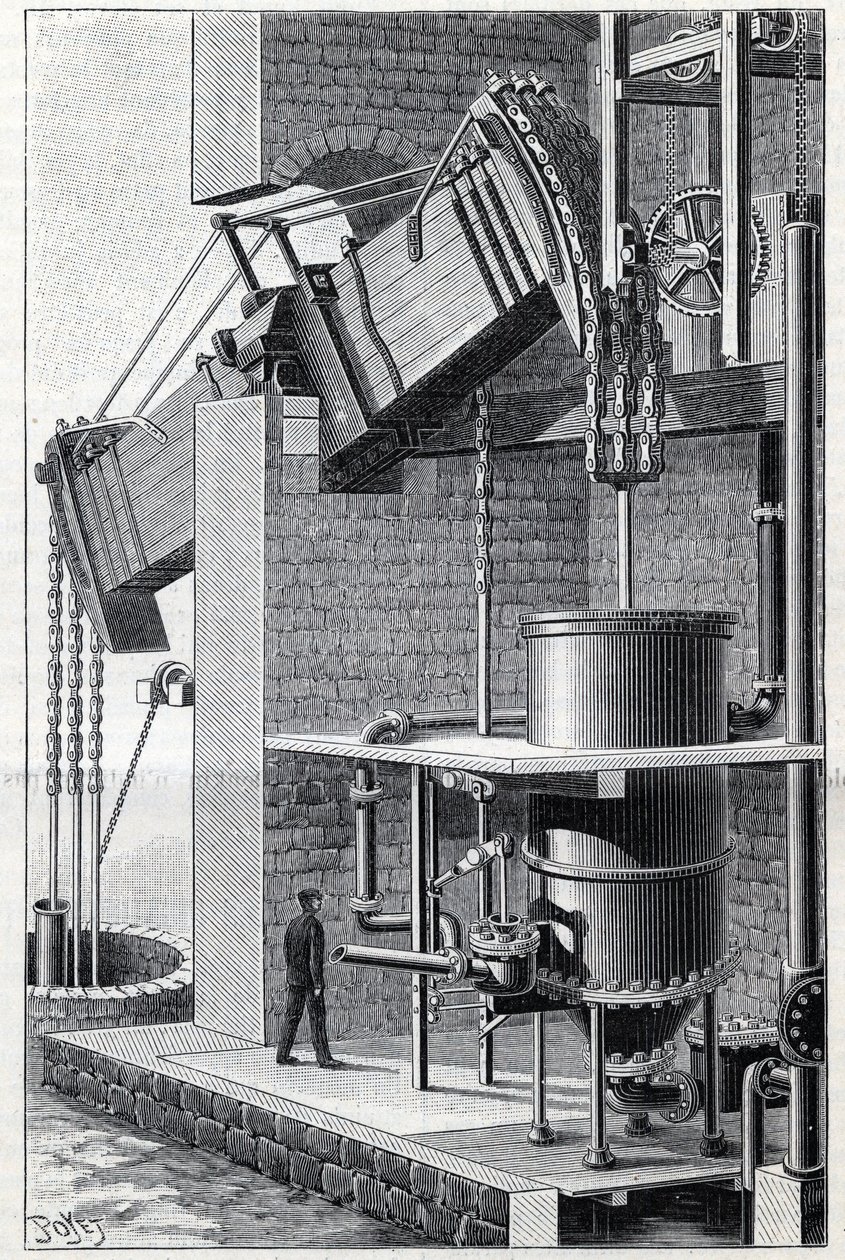 Antiga máquina a vapor de Thomas Newcomen que opera actualmente perto de Bristol, em Inglaterra. Gravura em "La Nature". de Unknown artist