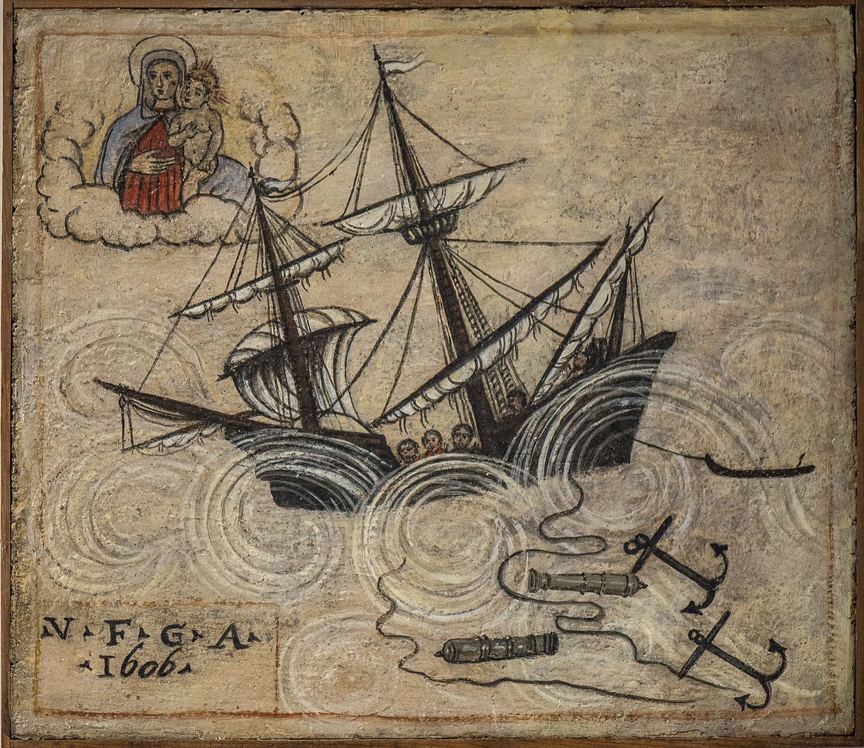 Ex-voto (ex voto) marinheiro, oferta popular como penhor de devoção e gratidão do marinheiro sobrevivente aos perigos do mar provenientes da Igreja da Santíssima Virgem do Arco de Nápoles (Madonna dell