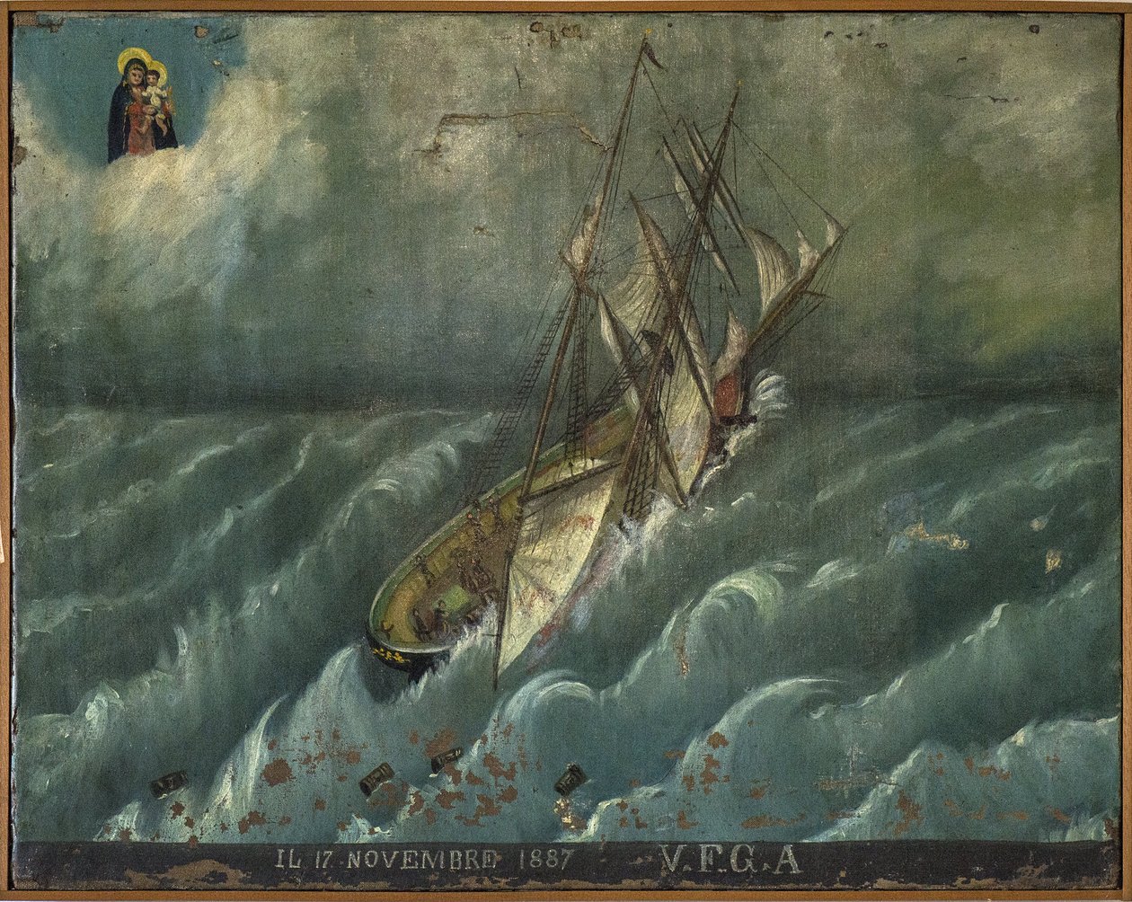 Ex-voto (ex voto) marinheiro, oferta popular como penhor de devoção e gratidão do marinheiro sobrevivente aos perigos do mar vindo da Igreja de Carmine, Torre del Greco, perto de Nápoles de Unknown artist