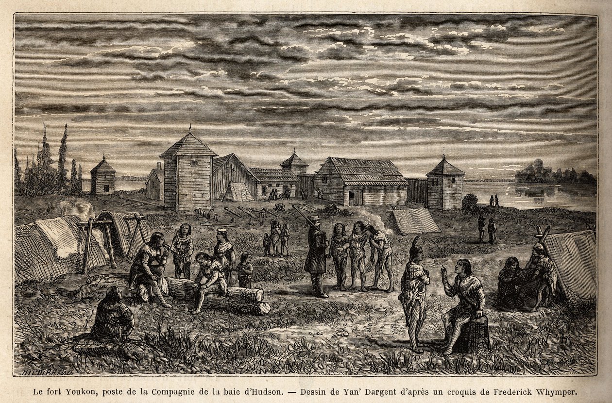 Fort Youkon, no Golfo de Norton, Alasca, fundou em 1847, um estabelecimento da Companhia Hudson Bay, índios acampados em torno das paliçadas. Gravura para ilustrar a viagem e as aventuras na Colômbia inglesa, Ilha de Vancouver e Alasca, por Frederick de Unknown artist