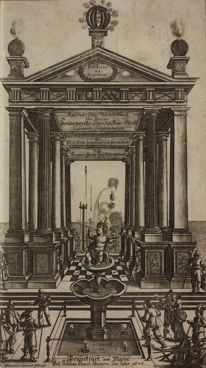 Fonte com querubim e templo, gravura, frontispício de Grand Art d