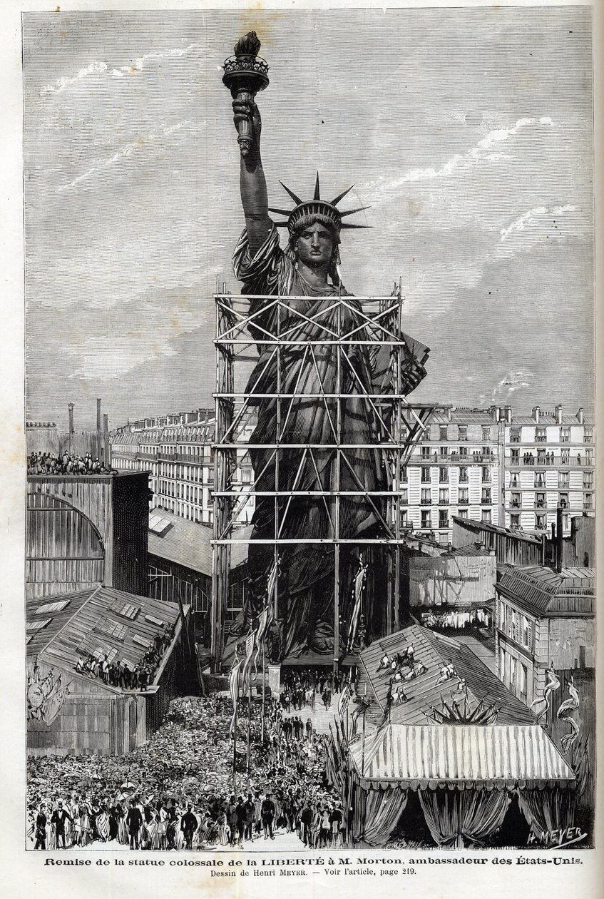 França, Paris, Entrega da Estátua da Liberdade ao embaixador dos Estados Unidos - Embalagem da estátua da Liberdade feita por Frederic Auguste Bartholdi (1834-1904) no andaime para transportá-la de Paris para a América de Unknown artist