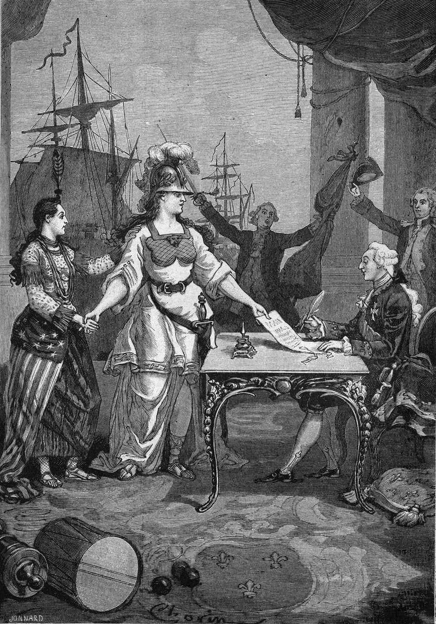 França aliada - O rei (Luís XVI) só tinha de assinar: em 6 de Fevereiro de 1778, foi assinado o tratado de amizade e comércio entre a França e a colónia rebelde da América do Norte, que obrigou a França a garantir a independência dos Estados Unidos da Amér de Unknown artist