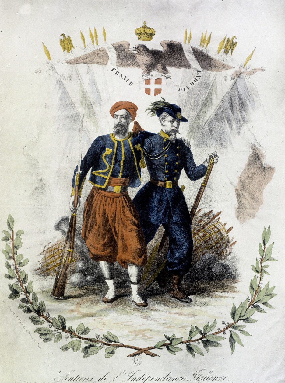 França e Piemont, partidários da independência italiana - coul. gravura de Unknown artist