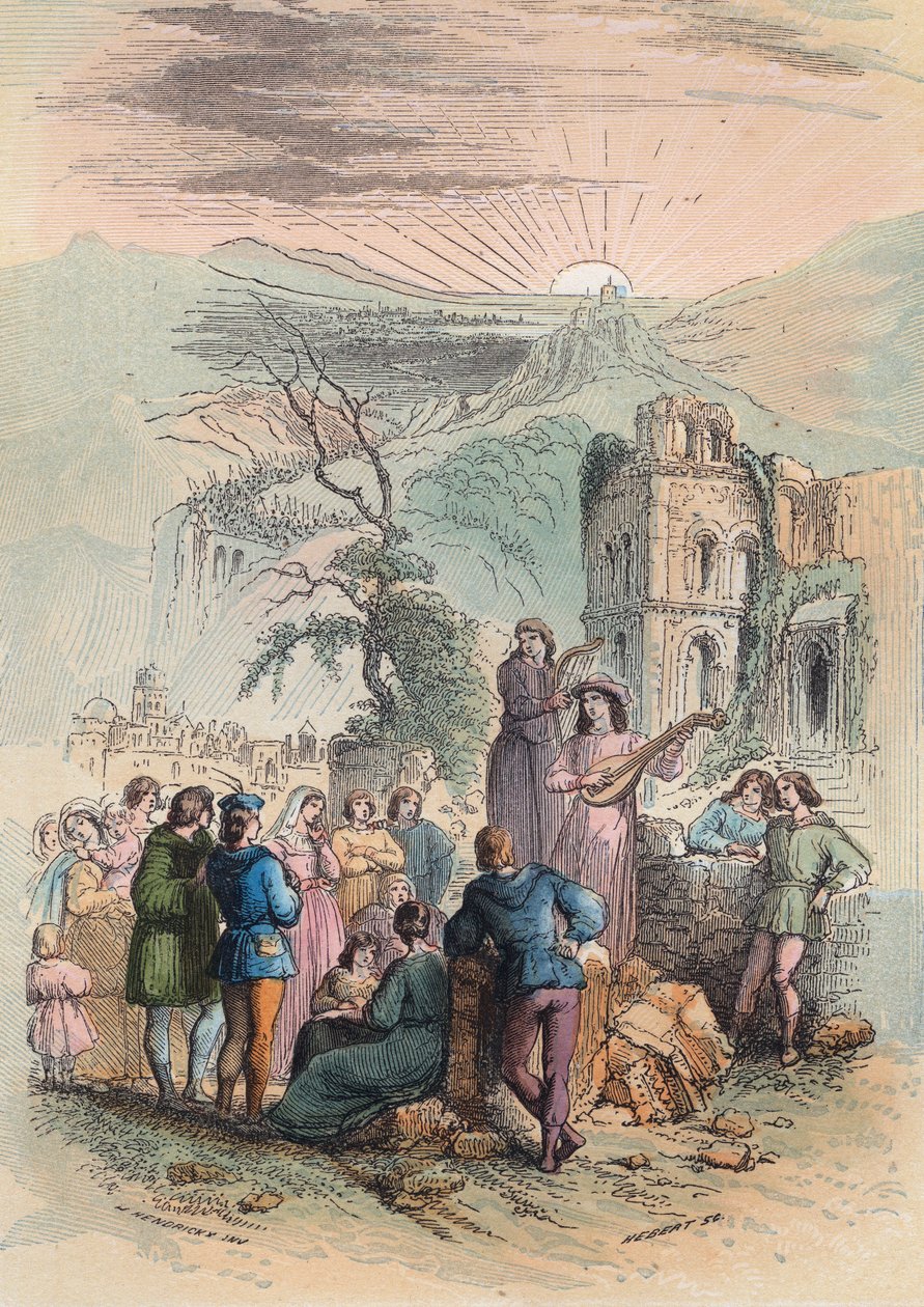 A França durante a Idade Média: Encontrar pessoas excitantes para participar na cruzada. Gravura de 1868 em "Histoire de Belgique desde os tempos primitivos até o fim do regimento de Leopold I" de Theodore Juste (1818-1888). Coleção privada. de Unknown artist