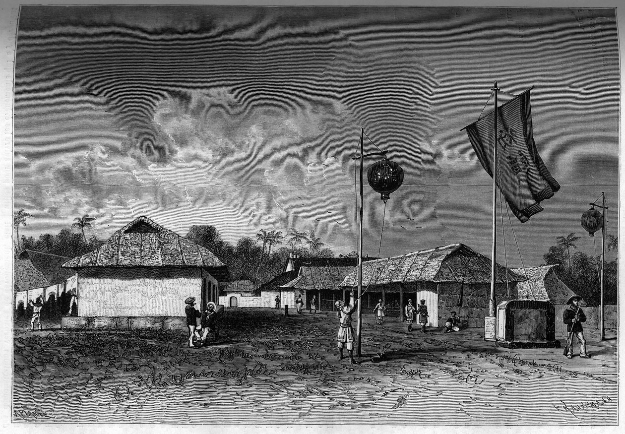 França na Indochina: Posto militar francês dentro da cidadela de Hue, capital da Indochina. Gravura no "Le journal de la jeunesse". de Unknown artist