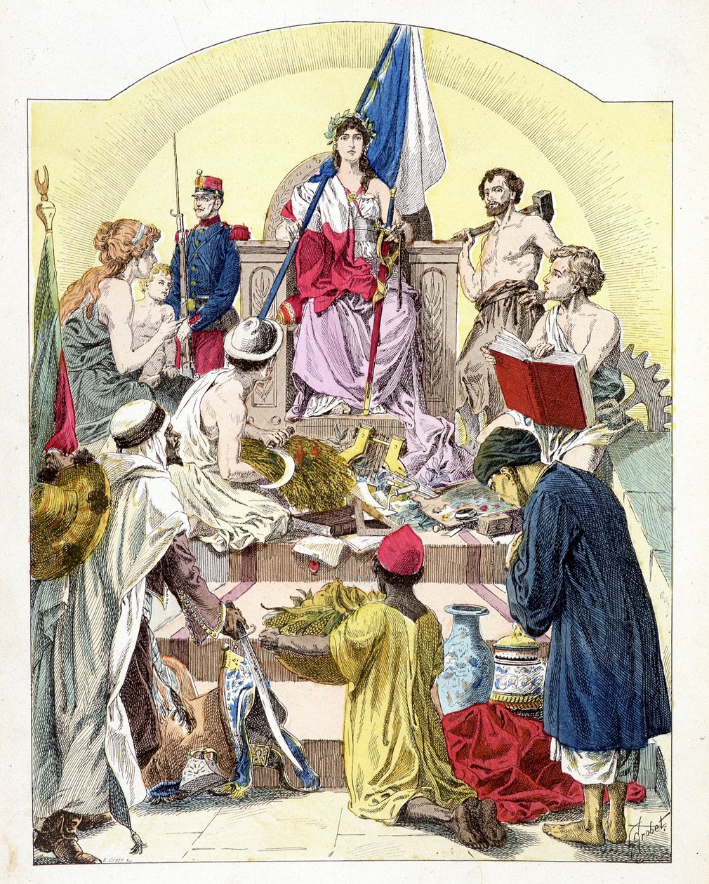 A França, sob os traços de Marianne, rodeada pelas suas colónias personificadas - em "Histoire de France", de E. Grobet, c. 1915 de Unknown artist
