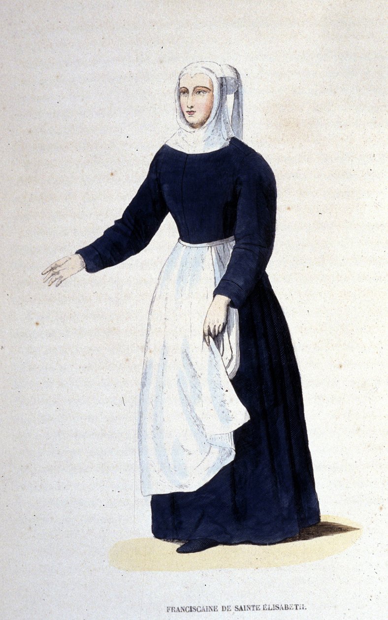 Freira franciscana de Santa Elizabeth. Ordem fundada por Santa Isabel da Hungria (1207 - 1231). Gravura do século XIX. de Unknown artist