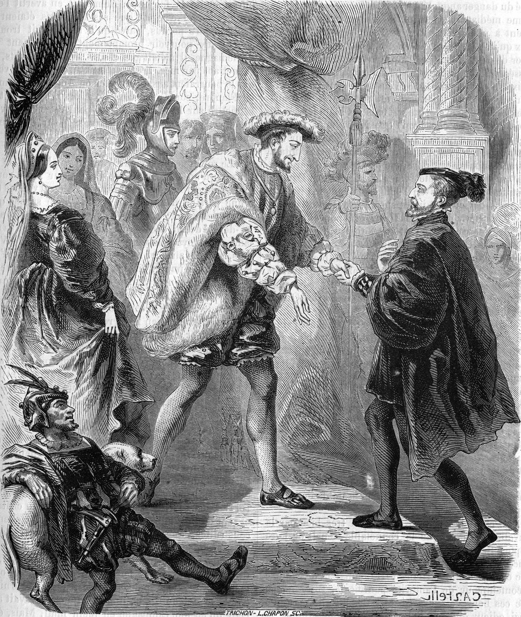 François 1, Rei de França (1494-1547) e Carlos V (1500-1558) reuniram-se no Chateau de Chatellerault em Janeiro de 1540. No "Histoire populaire de la France", sd. cerca de 1885. Gravura. de Unknown artist