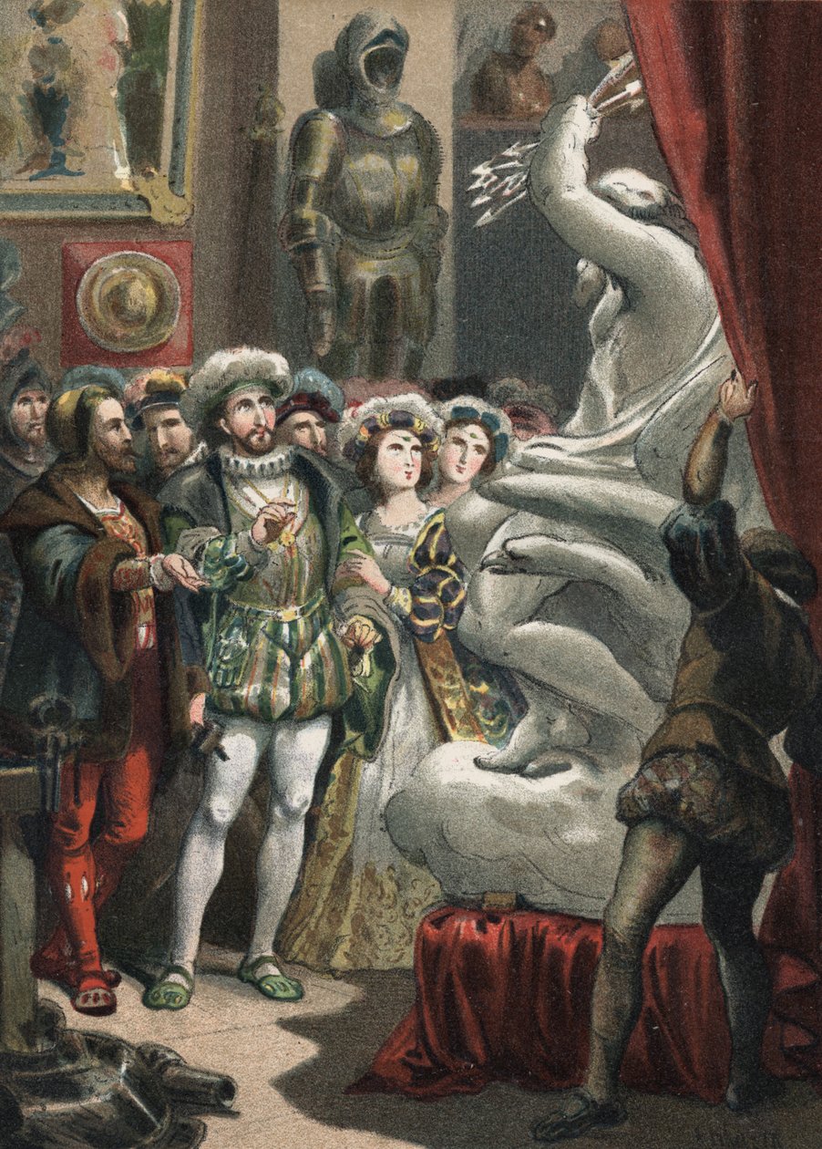 François I (1494-1547), Rei da França, no escultor italiano Benvenuto Cellini (1500-1571) gravura de 1881 em "El Culto de la Hermosura" de Juan Justo Huguet, Molinas Hermanos editores de Unknown artist