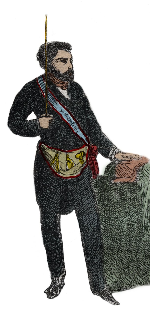Maçonaria - Traje de Maçonaria para a sua recepção no grau de Mestre - Franc Maconnerie: Outfit de franc macon (Avental) Gravação de 1879 em "Histoire des societes secretes, politiques et religieuses" de Pierre Zaccone (1817-1895) de Unknown artist