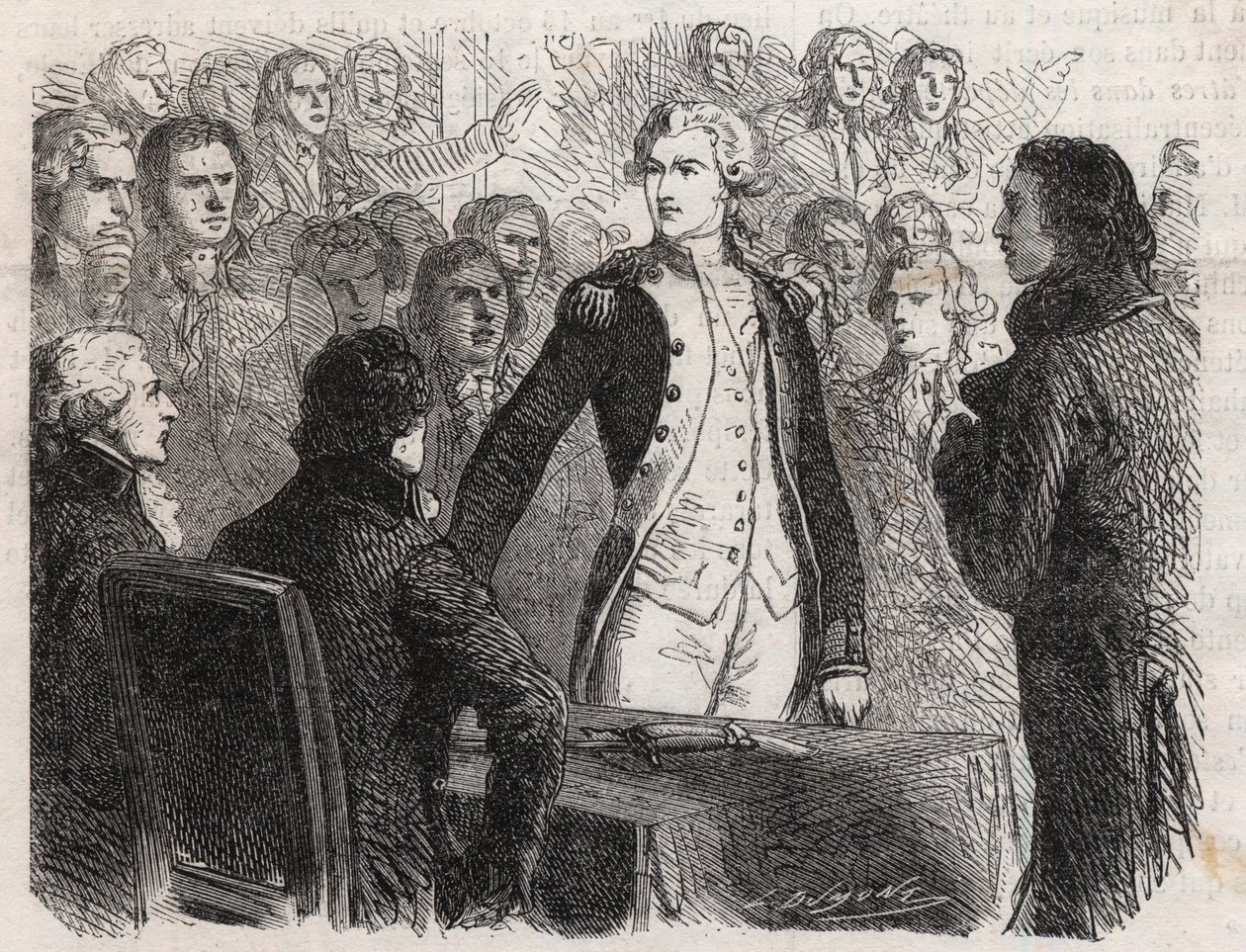 Revolução Francesa: General Gilbert du Motier de La Fayette (1757-1834) renunciando ao comando da Guarda Nacional - Gravação no "Le Monde Illustré". de Unknown artist