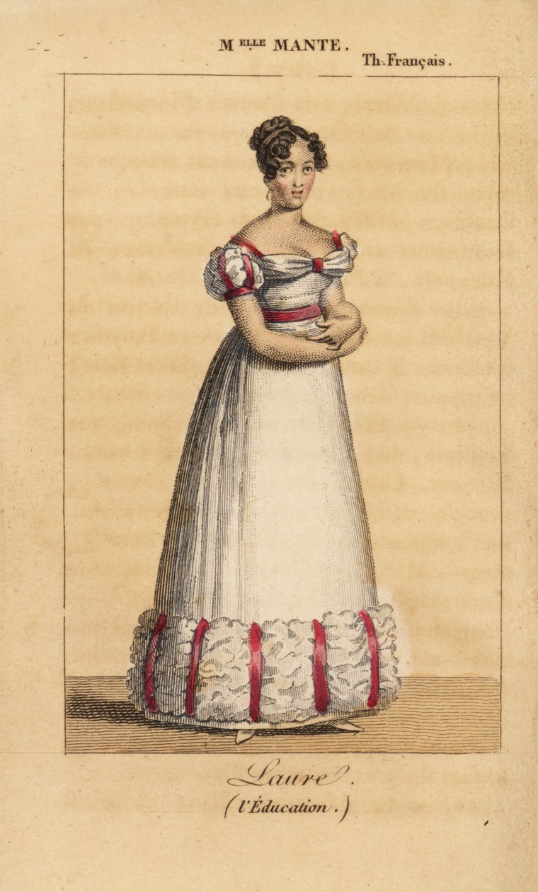 A atriz francesa Louise-Charlotte-Theophile-Delphine Escoffie ou Mlle Mante como Laure na peça LEducation ou les Deux Cousines de Casimir Bonjour, no Teatro Francais de Unknown artist