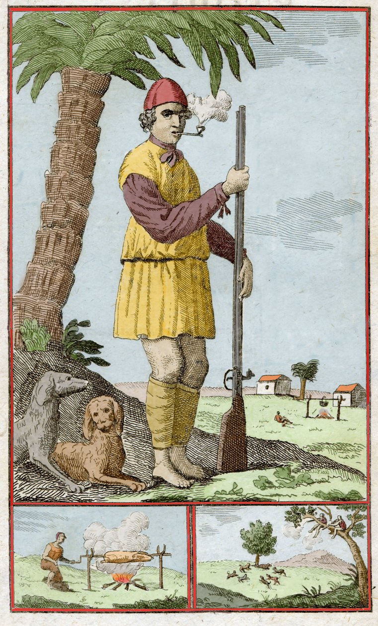 Buccane francês de Santo Domingo (Haiti). Gravação em "Histoire des Aventurers Flibustiers et Boucaniers Signales Dans Les Indes" de Alexandre Olivier Exquemelin (1645-1710). de Unknown artist