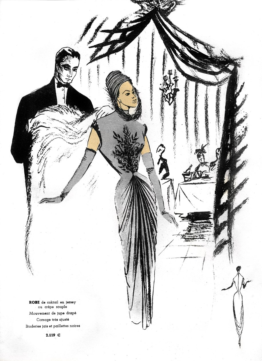 Moda francesa, design de vestidos de cocktail em restaurante. de Unknown artist