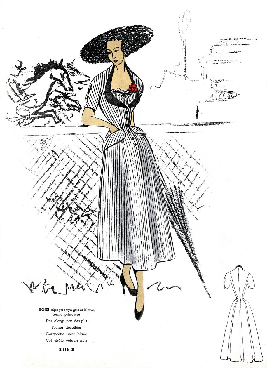Moda francesa, design de vestido de alpaca às riscas. de Unknown artist