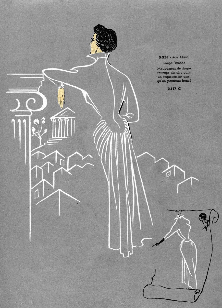 Moda francesa, vestido de crepe branco. de Unknown artist