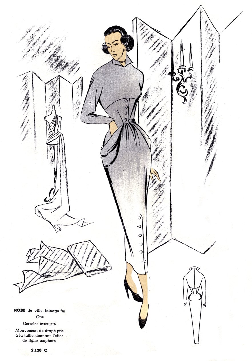 Moda francesa, design de vestidos de cidade em lã. de Unknown artist
