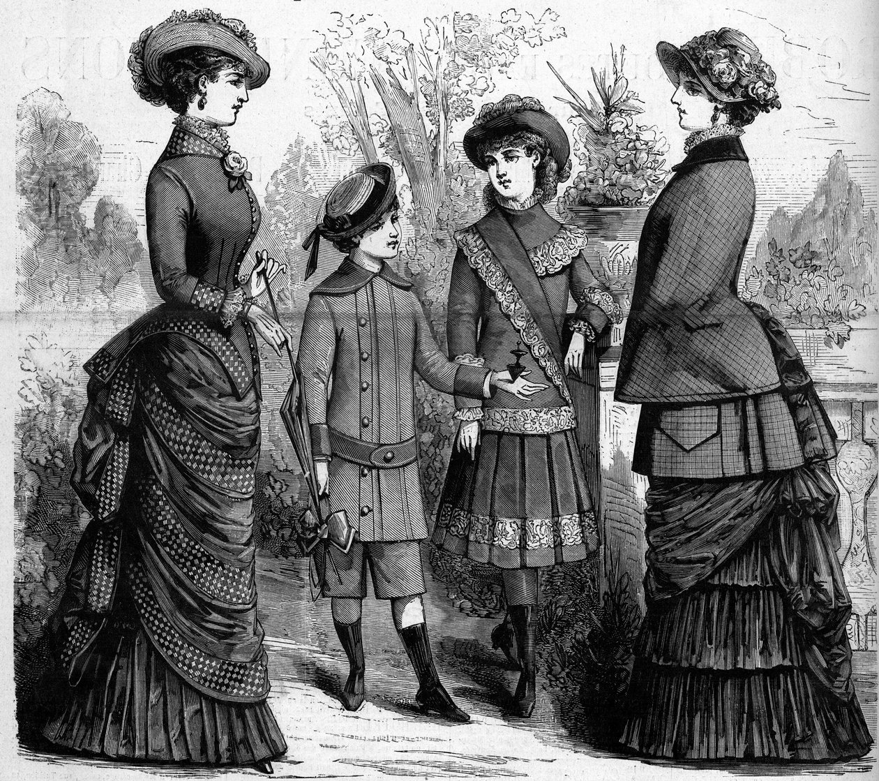 A moda feminina e infantil francesa no século XIX. Publicidade de 1882. Gravura em "O Mundo Ilustrado" n°1302 de 11 de Março de 1882. de Unknown artist