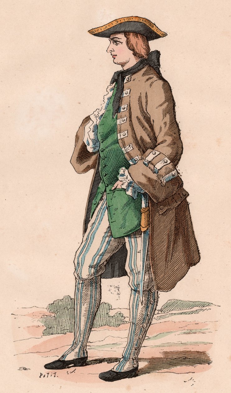 Cavalheiro francês em traje de caça, vestindo casaco, colete e chapéu tricorn com um punhal no seu lado durante o século XVIII (gravura a cores) de Unknown