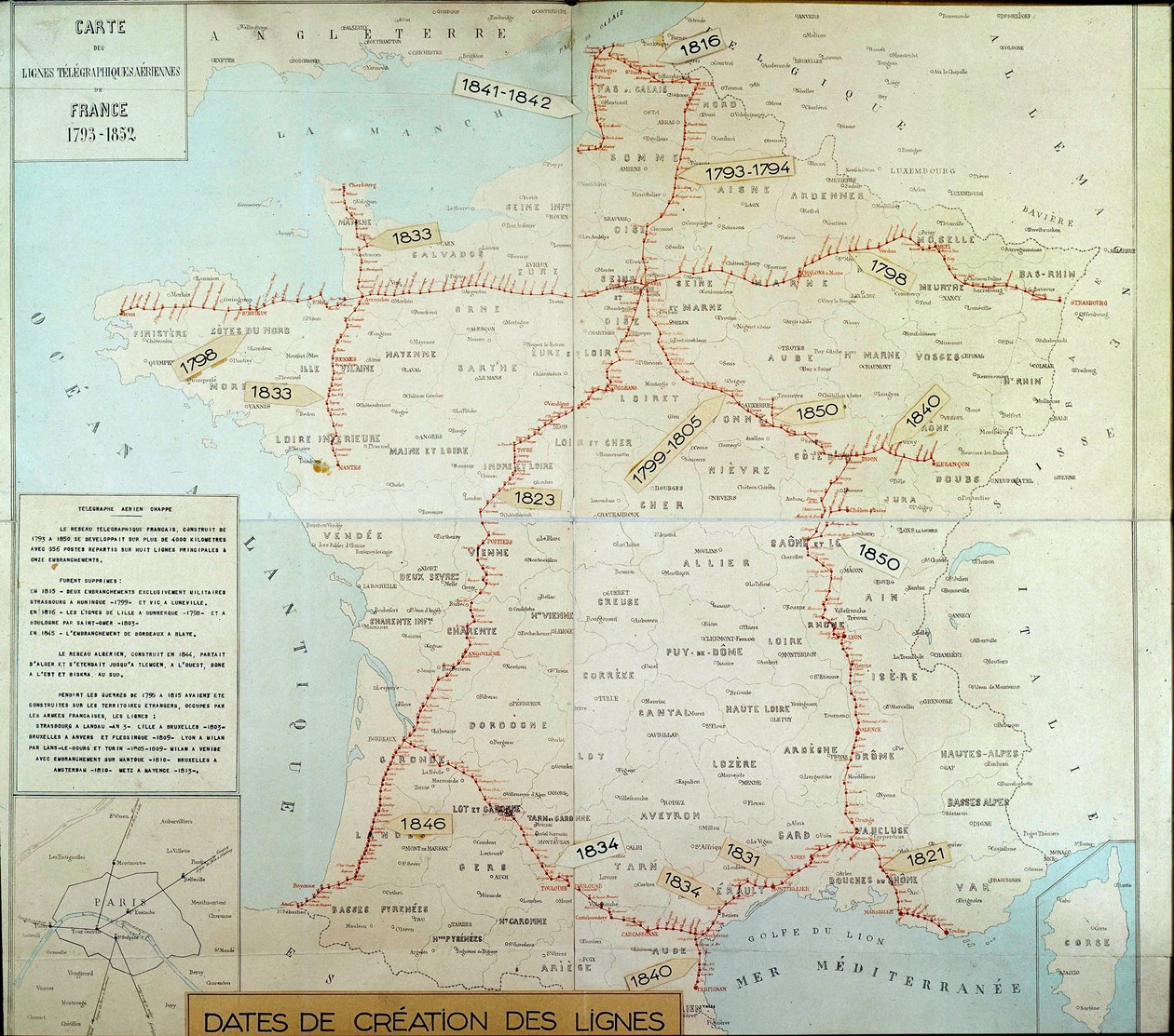 Mapa geográfico francês mostrando linhas telegráficas aéreas. O início do século XIX. Paris, Musee de la Poste de Unknown artist