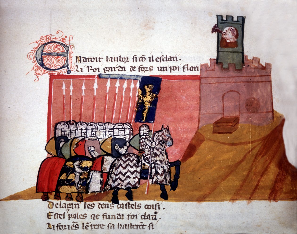Cavaleiros franceses chegando em frente a um castelo. Manuscrito do século XIII. de Unknown artist