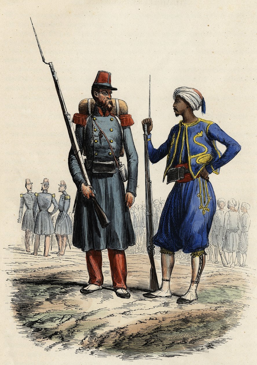 Uniforme militar francês: À esquerda, uma legião estrangeira formou-se e foi enviada para a Argélia em 1831. À direita, cavaleiros indígenas, treinados e enviados para a Argélia em 1841. Em L