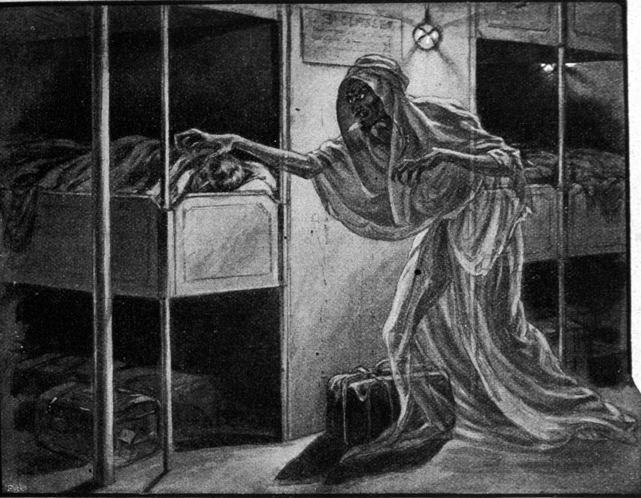 A propaganda francesa contra a epidemia da gripe espanhola tem o seu ponto de partida: a doença é representada alegoriamente como uma figura preocupante que se aproxima de uma pessoa que dorme no dormitório de um navio migrante. de Unknown artist