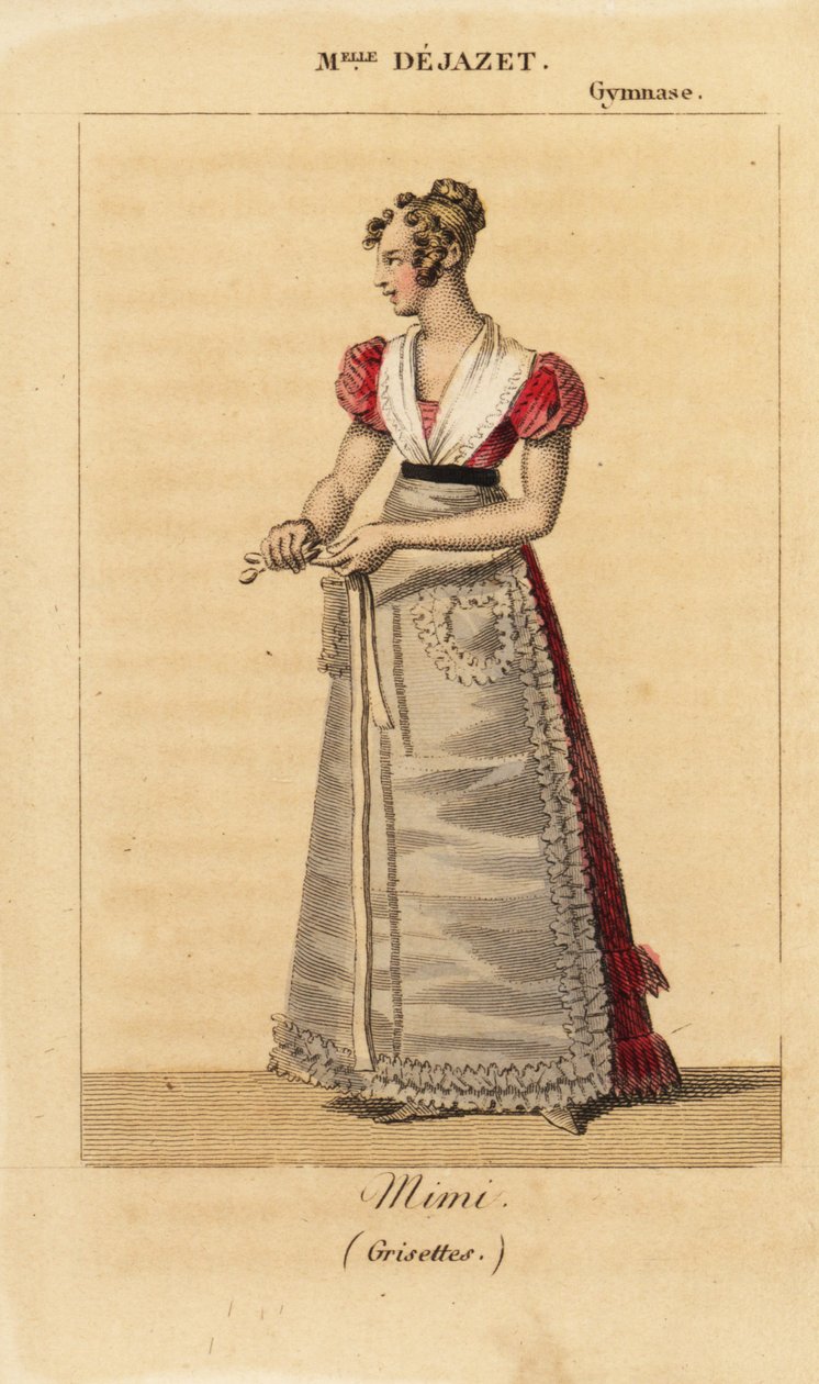 A soprano francesa Mlle Virginie Dejazet como Mimi no vaudeville Grisettes de um ato por Scribe e Dupin no Gymnase-Dramatique de Unknown artist