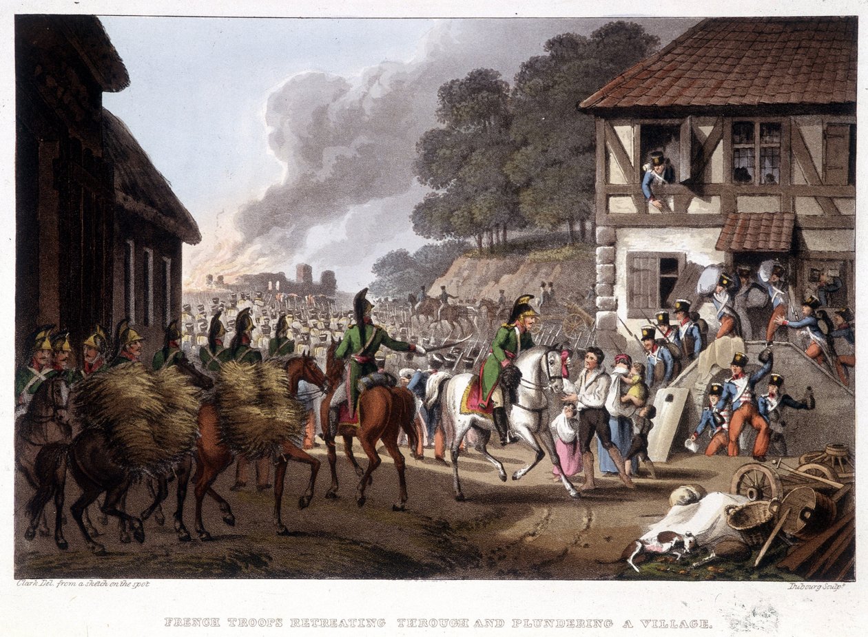 Tropas francesas em retirada e saqueando uma aldeia - em "Anecdotes Históricos, Militares e Navais..." por Edward Orne de Unknown artist